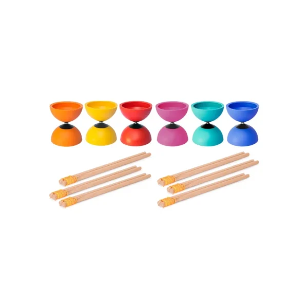 Set van 6 Circus JoJo Spinner-diabolo's met houten handstokken